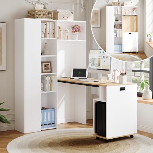 NuvlaGu Escritorio plegable con estante 2 en 1, escritorio de pared que ahorra espacio con tomacorriente y USB, estantes ajustables en altura, escritorio de esquina izquierdo, color blanco