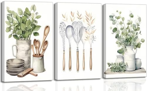 3 Pcs Sage Green Farmhouse Kitchen Canvas Art