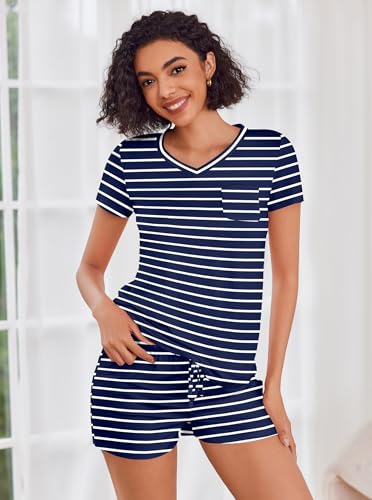 Image of Ekouaer Womens Pajama Sets Short Sleeve Pajamas for Women Sets Soft Lounge Sets Casual V Neck Sleepwear PJS