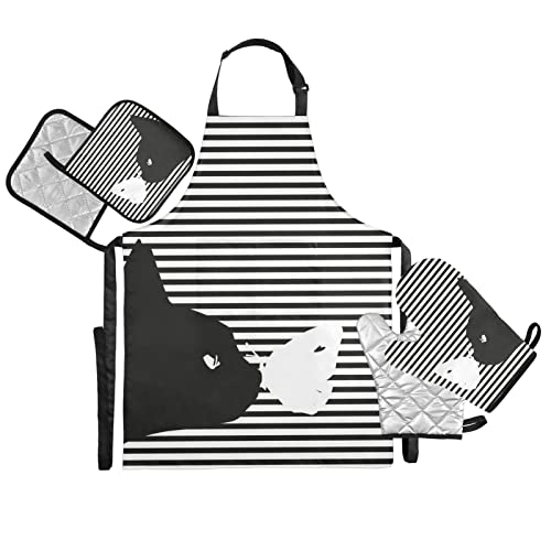 Alaza Pop Art Cat Butterfly Striped Waterproof Apron W/ Pockets Oven Mitts Set Pot Holders Kitchen Linen Sets #TOP19