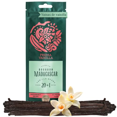 PREMA VANILLA Vainas de Vainilla Bourbon Premium - Vainilla en Rama Natural y Orgánica 14-18 cm - Vanilla de Calidad Gourmet de Madagascar - Aroma Rico e Intenso - Paquete Con 20 Vainas y 1 de Regalo