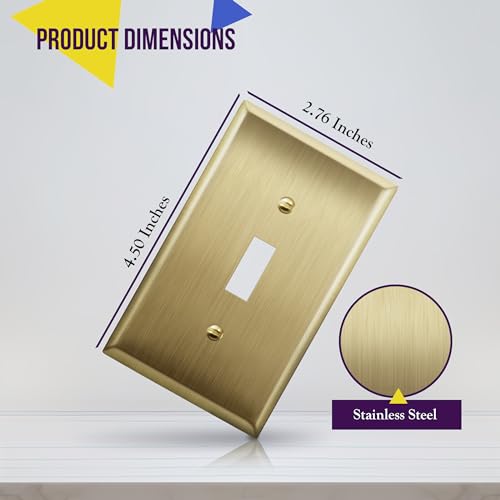 Image of ENERLITES Toggle Light Switch Metal Wall Plate, Stainless Steel Switch Cover, Corrosion Resistant, Size 1-Gang 4.50 inch x 2.76 inch, Stainless Steel 201, 7711-BB, Brushed Brass, Gold | Luxury brushed brass finish; Rust-proof Stainless Steel 201; Standard 1-gang; Fits toggle switches; 7711-BB