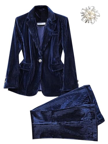 Velvet Pant Suits for Women 2 Piece Blazer Set Casual Business Work Office Vintage Trouser-Suit