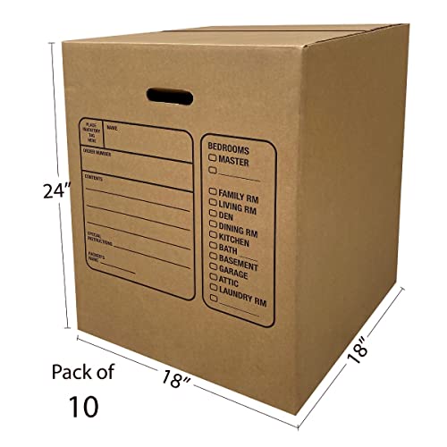 Uboxes Moving Boxes with Handles, 10 Premium Large, 18 x 18 x 24, Brown, BOXINDSLAR10