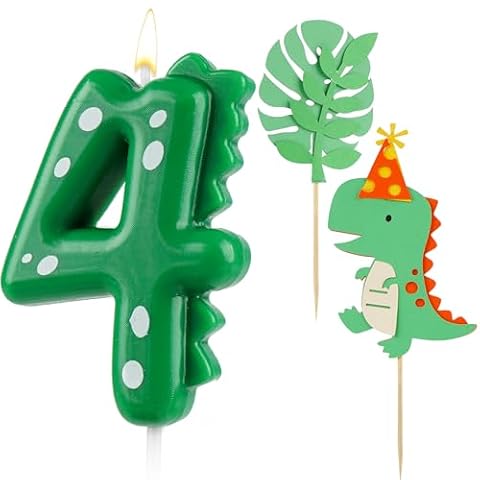 AIBAOBAO Świece urodzinowe z liczbami 4, świece urodzinowe dinozaury, z 2 x dekoracja tortu dinozaura, świeczki urodzinowe, 4, zielone świece cyfrowe do tortu dla dzieci w wieku 4 lat, dla chłopców i