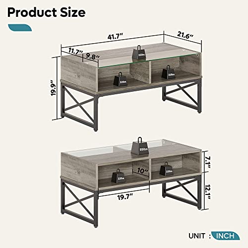 Bestier Led Coffee Tables For Living Room,Wood Center Table With Glass Top For Game Night. 42 Inch Living Room Tables Grey Wash #TOP1