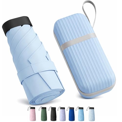 Image of REXERA UV Travel Mini Folding Ultra Compact pastel Umbrella with Hard Case, Manual Open 6 Ribs Lightweight Premium Portable, Windproof Small Sun & Rain Pocket Umbrella for Men and Women- Use in Rain & Summer