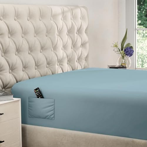 DREAMCARE Queen Fitted Sheet - Extra Deep Pocket Fitted Sheet - Fits up to 21 inch Mattress - Deep Pocket Queen Sheets - Hotel Luxury - Oeko-Tex Certified Sheets - 1 Fitted Sheet Only - Mineral Blue