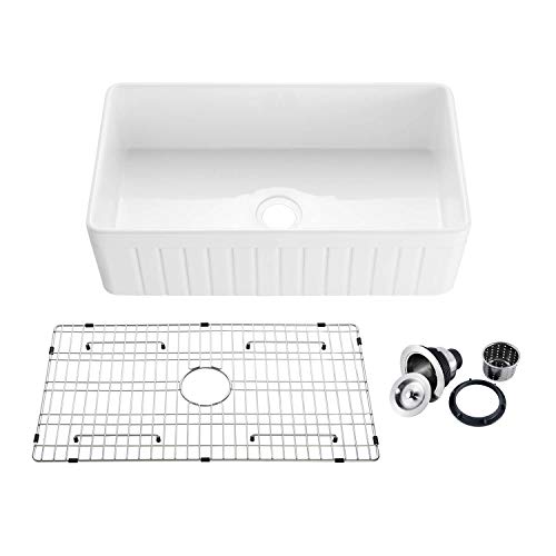 33 White Fireclay Farmhouse Undermount Kitchen Sink with Bottom Grid and Strainer