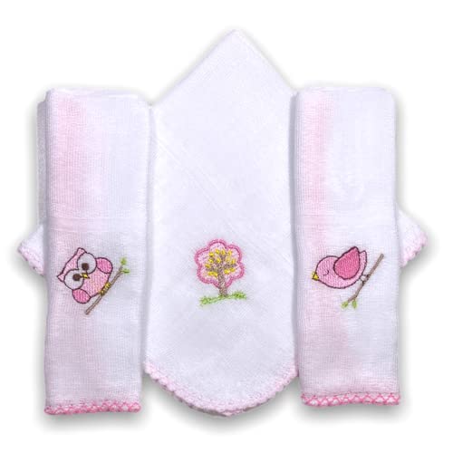 Kit BOSQUE com 6 Fraldas De Pano Bordadas (3 De Ombro + 3 De Boca) (ROSA)