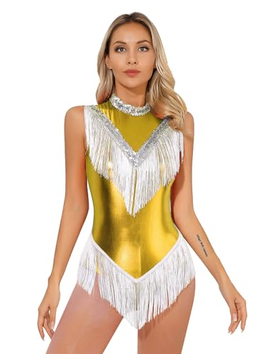 IEFIEL Maillot Brillante de Baile Latino con Flecos para Mujer Maillot Patinaje de sin Mangas Leotardos de Danza Body de Baile Salsa Tango Jazz Rumba A Dorado M