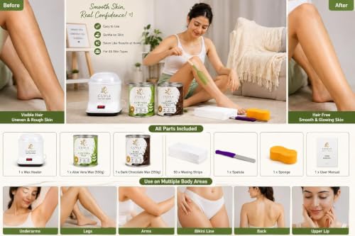 Image of Wax Heater Machine Waxing Kit Combo Machine Aloe VeraWax (550 gm) ChocolateWax (550 gm), Strips (70pcs), Spatula(Kinfe),Sponge (Example: Extra Large Wax Aloe Vera, Chocolate Cream Wax)