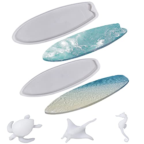 Cayway Surfboard Resin Tray Molds, 2 Style Surf Board Resin Epoxy Molds Silicone Large Resin Tray Molds with Fish Turtle Seahorse Resin Mould Filler for DIY Resin Ocean Waves Art, Serving Tray