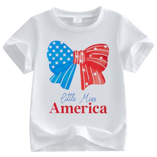 Image of Kids Toddler Girls 4th of July T-Shirt Coquette Bowknot Patriotic USA 250 American Flag Independence Day Top