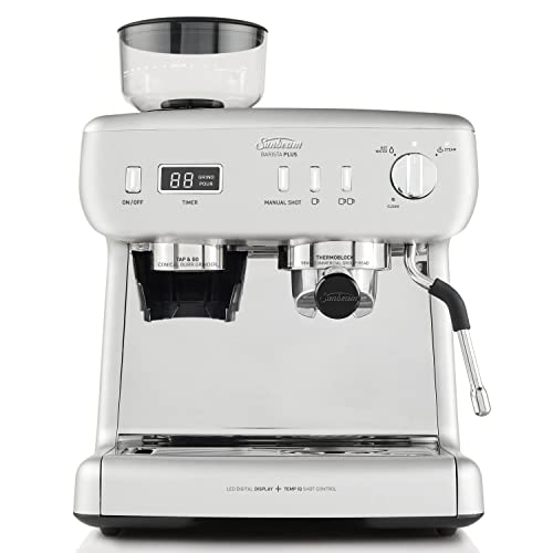 Sunbeam Barista Plus Manual Espresso Coffee Machine | Digital Shot & Grind Timer, Fast 3-Min Prep, Integrated Conical Burr Coffee Grinder, 58mm Group Head, Milk Thermometer, Silver, (EMM5400SS)