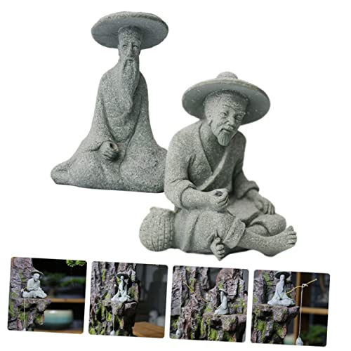 OFFSCH 2pcs Fisherman Statue Car Dash Accessories Fishing Decor Fisherman Fish Tank Decor Cars Accessories Bonsai Decors Car Ornament Chinese Sandstone Dining Table Succulent Plants Elder - Image 2