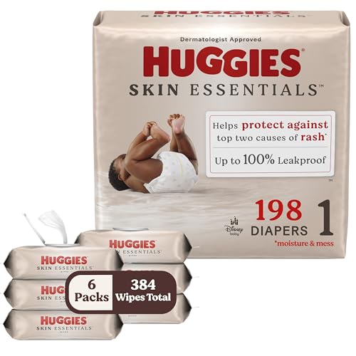 Image of Bundle of Huggies Size 1 Diapers, Skin Essentials Baby Diapers, Size 1 (8-14 lbs), 198 Count (3 Packs of 66) + Huggies Skin Essentials Baby Wipes,99% Water, 6 Flip Top Packs (336 Wipes Total)