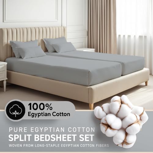 100% Egyptian Cotton Split King Sheet Set - 1000 Thread Count 7PC Cotton Sheets for Adjustable Bed, Silky Soft, Cooling Luxury Hotel Sheets - Fits Upto 16” Deep Pocket - Light Gray - Image 2