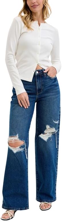 Judy Blue High Waist Rigid Magic Column Straight Jeans – Destructed Dark Wash with Adjustable Waist Tabs, 33” Inseam
