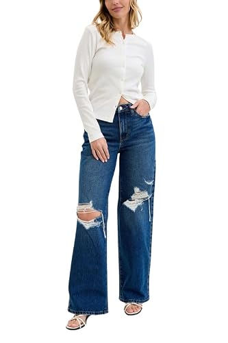Judy Blue High Waist Rigid Magic Column Straight Jeans – Destructed Dark Wash with Adjustable Waist Tabs, 33” Inseam