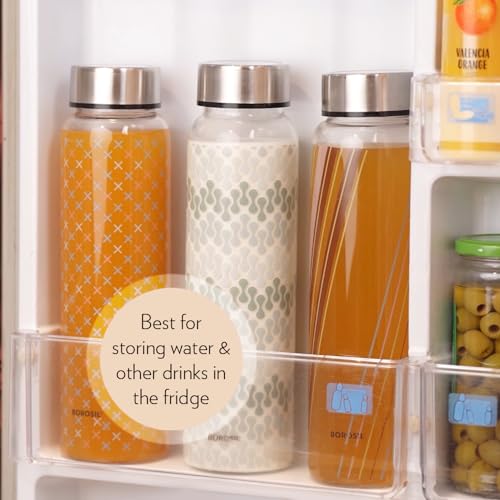 Image of Borosil 1L Artisan Water Bottle Set with Steel Lid | Borosilicate Glass Narrow Mouth Bottle for Fridge | Extreme Temperature Resistant For Hot & Cold Water, Milk, Lassi, Juice (Pack of 2, Vista)