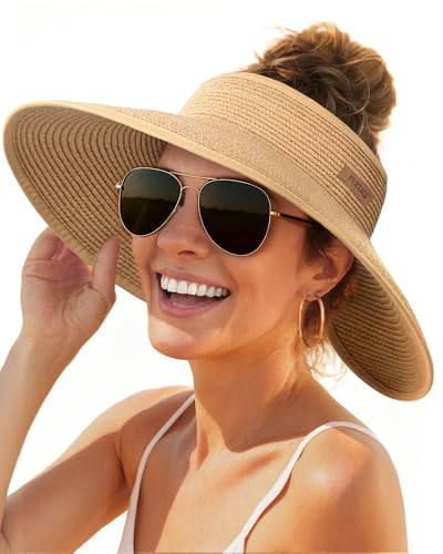 FURTALK Sun Visor Hats for Women Wide Brim Straw Ponytail Summer Beach Hat UV UPF Packable Foldable Travel Khaki