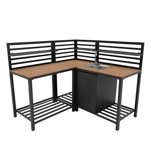3 Piece Outdoor Kitchen Modular Configuration Corner Unit Sink & Table Aluminium Set Anthracite Grey Steel Sink Cold Tap Adjustable Storage Shelves Cupboard Cabinet Outdoor Prep Area Wood Countertops