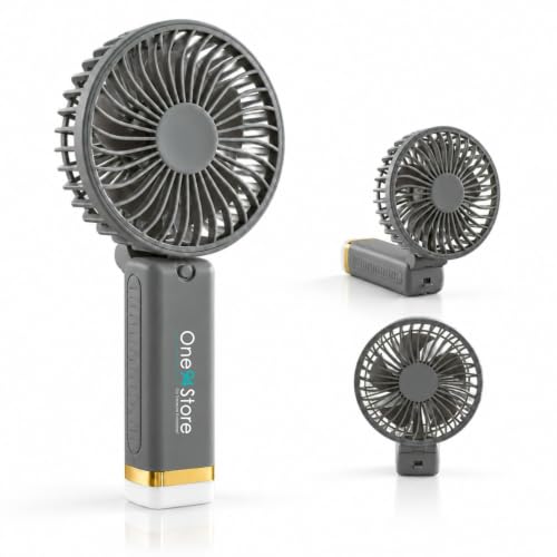 Image of One94Store Portable Fan Rechargeable with LED Light, Foldable Mini Hand Fan, 1200mAh Battery, 3 Speed Modes, USB Charging Small Table Fan for Home, Office, Travel, Makeup & Kitchen - Grey