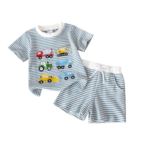 UUAISSO Ropa Para Bebé Niño Camiseta Bordada Top Camión Excavadora Pantalones Cortos a Rayas Conjuntos Verano Camión azul cielo 12 18 meses