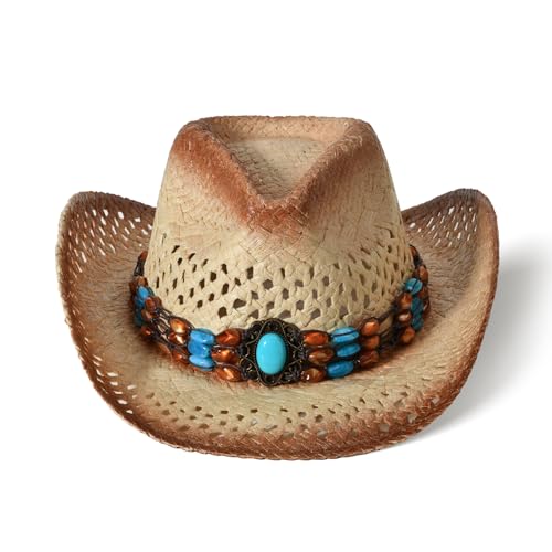 Image of Cowboy Hats for Women & Men Straw Cowboy Hat Wide Brim Western Cowgirl Hats Summer Sun Hat