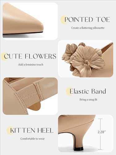 Image of Coutgo Womens Low Kitten Heels Dressy Shoes Comfortable Closed Toe Flower Slip on Formal Party Dance Heeled Pumps