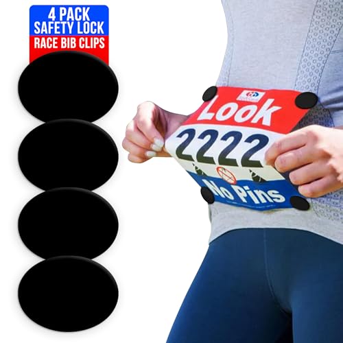bibSNAPS Race Bib Clips - Safety Lock Fasteners - Secures Running, Marathon, Cycling and Event Number, Non Magnetic, Easy to Use, Soft & Reusable - Replacement for Pins & Magnets - Solid Black (4pcs)
