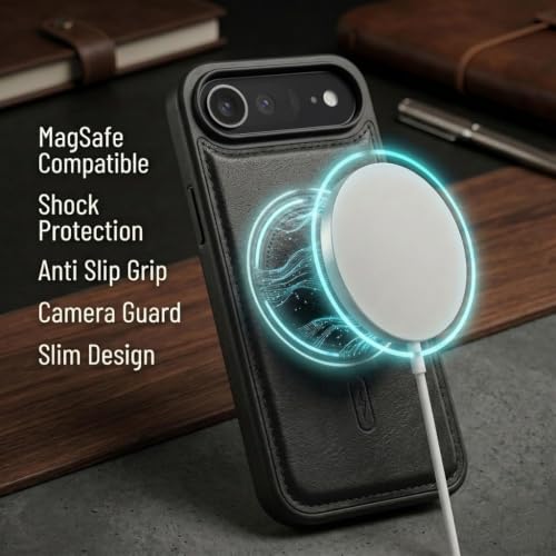 Image of amazon basics Premium PU Leather Case for iPhone 17 Air, MagSafe Compatible Magnetic Ring, Sleek Protective Back Cover - [Black]