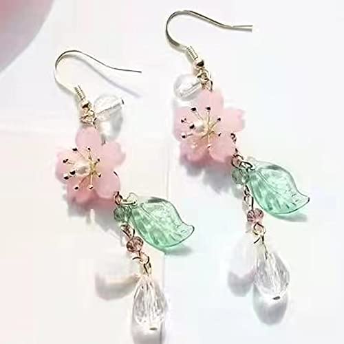 Pink Flower Dangle Earrings for Women: Cute Cherry Blossoms Pearl Leaf Sakura Floral Drop Fairy Floral Tassel Earrings for Summer Holiday4