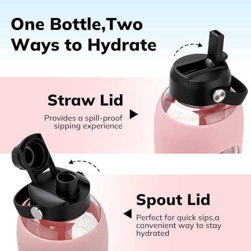 Image of Aqulea 64oz oz Glass Water Bottle with 2 Lids - Spout & Straw Lids, Borosilicate Glass Water Bottle with Time Marker & Silicone Sleeve, Leakproof