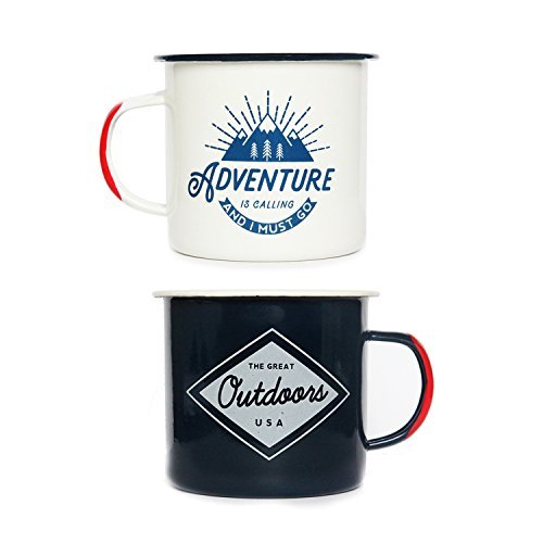Adventure Enamel Camping Mug - 2 Pack LARGE 16oz of Love, Morning Coffee Mug - (455ml) Tin Cup Campfire Mug For Outdoors, Breakfast Wanderlust Travel Cup For The Happy Camper!