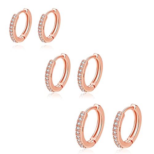 Image of 3 Pairs Sterling Silver Hoop Earrings for Women S925 Huggie Hoop Earrings With Cubic Zirconia Small Cartilage Sleepers Huggie Hinged Earrings Set for Girls Men