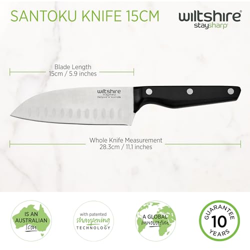 Wiltshire Staysharp Triple Rivet Multi-Purpose Santoku Knife 15cm, Stainless Steel Sharp Blade for Chopping Cutting & Slicing, Built-in Sharpener, Slim Scabbard, Ergonomic Triple Rivet Handle - Image 5