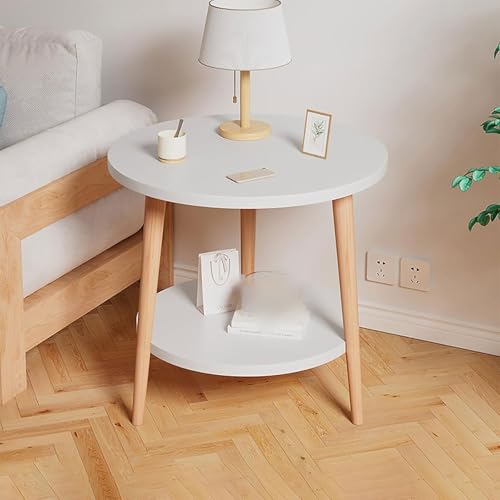 【二段収納】一人用ローテーブル サイドテーブル ナイトテーブル 木製 収納付き おしゃれ 円形 北欧 一人暮らし 学習/食事兼用 省スペース マンション 幅60×奥行60×高さ43cm