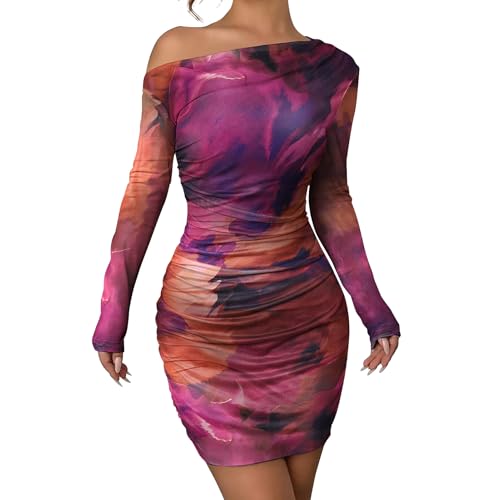 Image of Women's Long Sleeve Bodycon Mini Dress Tie Dye Print Slim Fit Asymmetrical Neck Elegant Formal Ruched Short Dresses