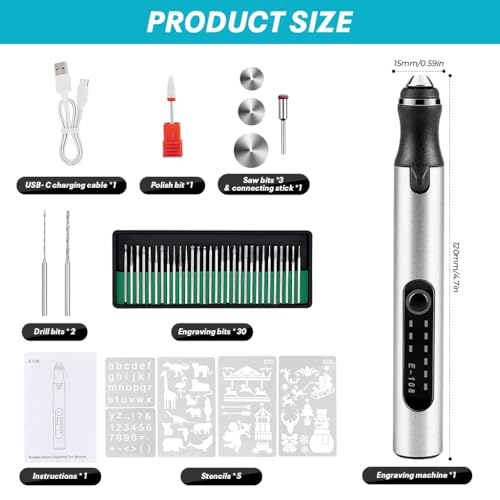 Image of Serplex Electric Engraving Pen with 37 Bits, 3 Gears Speed 5000-18000 RPM, USB Rechargeable Cordless Engraving Machine, Mini Rotary Tool DIY Rotary Engraver for Jewelry Wood Glass Stone Carving