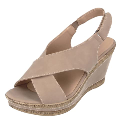 Cushion Walk Womens Cross Leather Lined Slingback Wedge Sandals, Mink, UK 5