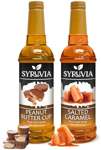 Syruvia Coffee Syrup Variety Pack - Peanut Butter Cup & Salted Caramel- Gluten-Free, Kosher, 25.4 fl oz Bottles - Enhance Your Coffee Experience with Premium Flavoring Syrups