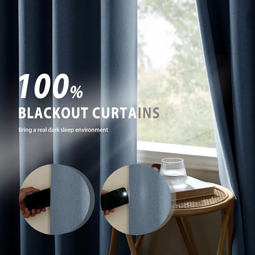 Image of NICETOWN Stone Blue Full Shade Faux Linen Curtain Panels 84 inch Long, Pair of Energy Smart & Noise Blocking Out Blackout Drapes for Guest Room Window, Thermal Insulated Lined Window Dressing (52 inch)