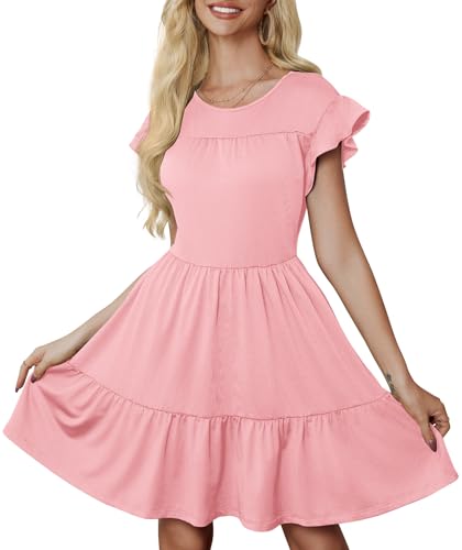 Image of PerZeal Women's Summer Casual Tiered Midi Dress Ruffle Short Sleeve A-Line Flare Swing Dress Solid Cute Beach Sundress