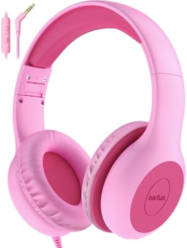 EarFun Kinder Kopfhörer mit 3,5 mm Kabel, Lautstärkebegrenzung, Rosé-pink | 85/94 dB für kindgerechtes Hören, bequem, klarer Klang, Audio Sharing, faltbar & verstellbar, Mikrofon,