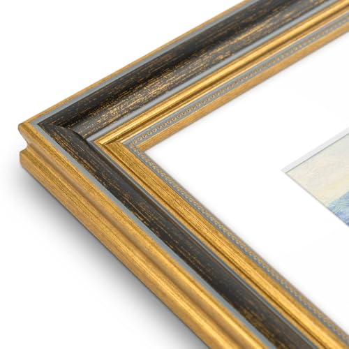 Image of Golden State Art,8x10 Ornate Picture Frame Holds 5x7 Photo,Black Gold | Includes real glass front,white mat,easel stand,build-in hangers and buttons.Displays 5x7 photo on wall or tabletop