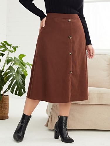 High Waisted Midi Skirt for Women Plus Size, Brown A-Line Button Front Vintage Flowy Skirt2