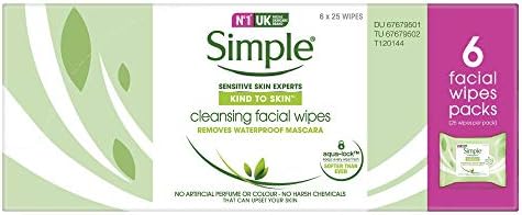 Simple Kind to Skin - Facial Wipes for sensitive skin with Glycerin, Vitamin E,and Vitamin B5 -25 Count (Pack of 6)