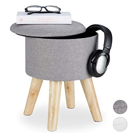 Relaxdays Hocker rund, mit Stauraum, gepolstert, abnehmbarer Deckel, Holzbeine, HxBxT: 36 x 31,5 x 31,5 cm, MDF, grau Cover